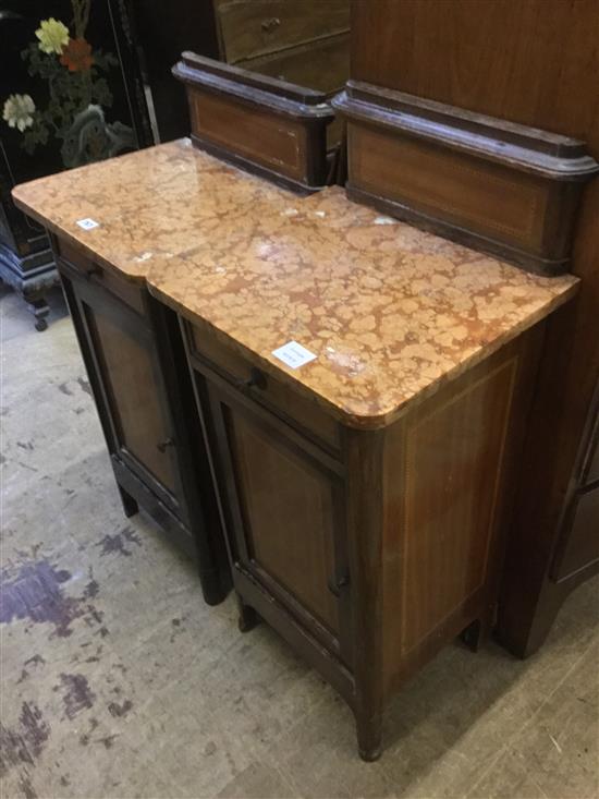 Pair of Edwardian inlaid mahogany marble topped bedside cupboards